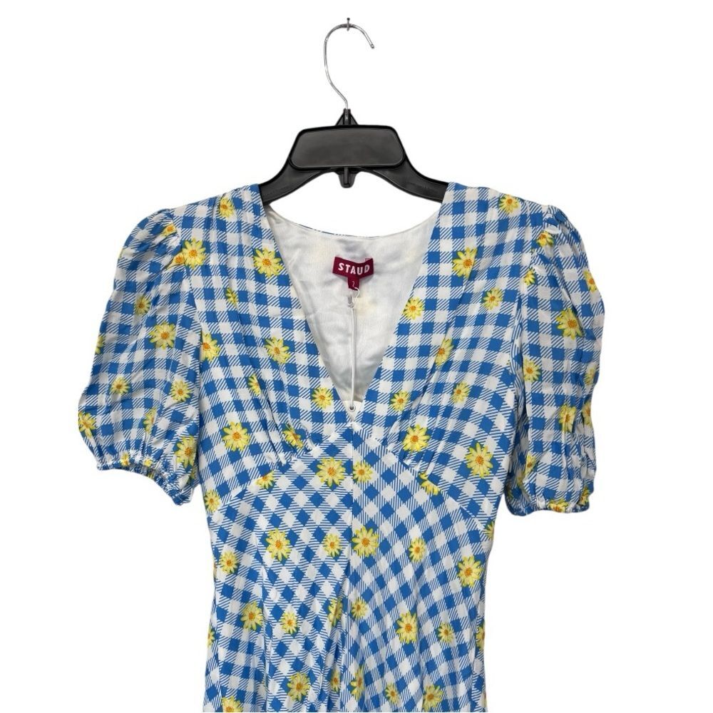 NWT STAUD | Mini Milla Dress in Gingham Daisy Plaid Puff Sleeve V Neck 2 - Picture 4 of 11